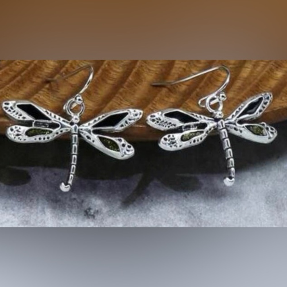 “Dragonfly” Firefly Silver Black & Green Iridescent Glitter Winged Insect Dangle - Picture 8 of 16